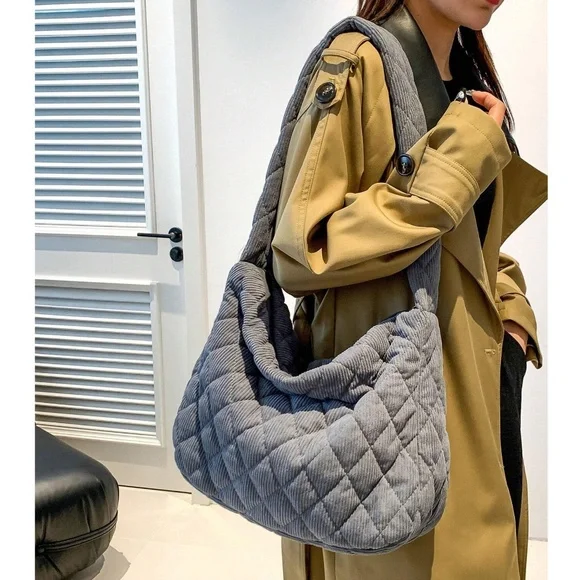 Luxe Quilted Corduroy Puffer Messenger Shoulder Crossbody Travel Bag - Picture 7 of 12